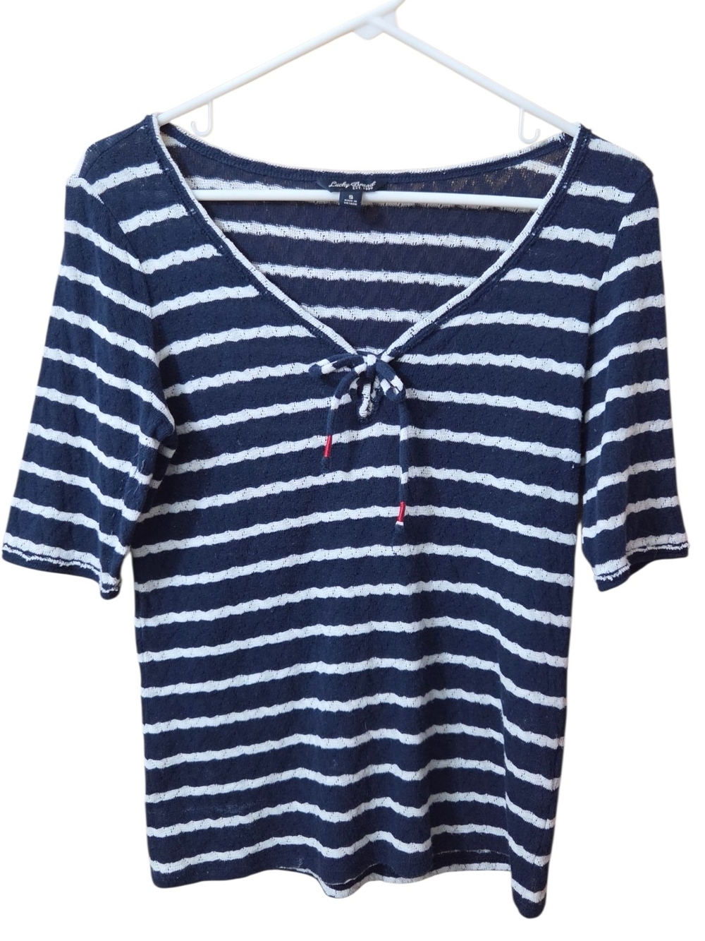 Lucky Brand Navy & White Striped Tie-Front Short Sleeve Top